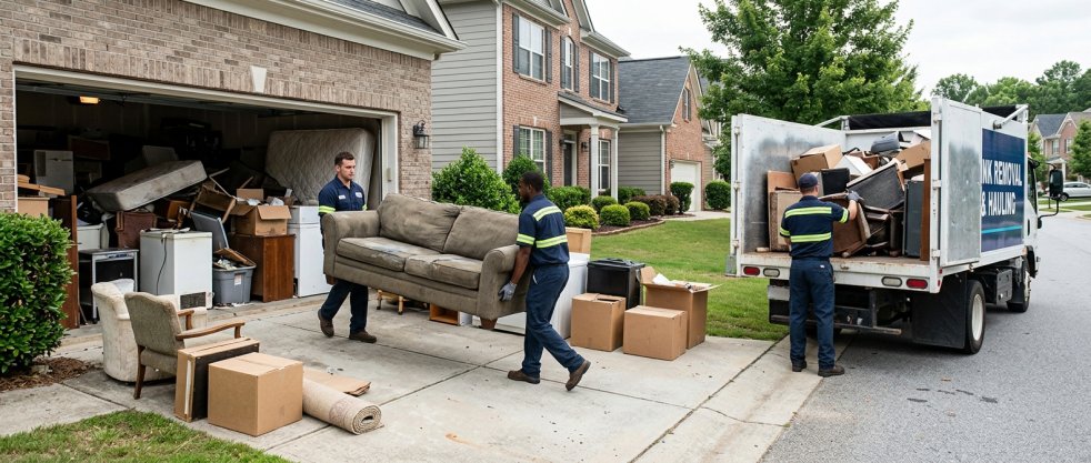 Junk removal contractors hauling a couch and loading household clutter from a residential garage into a truck